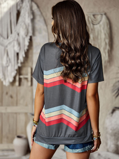New round neck T-shirt rainbow strip top-chiquechics