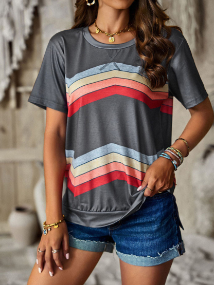 New round neck T-shirt rainbow strip top-chiquechics