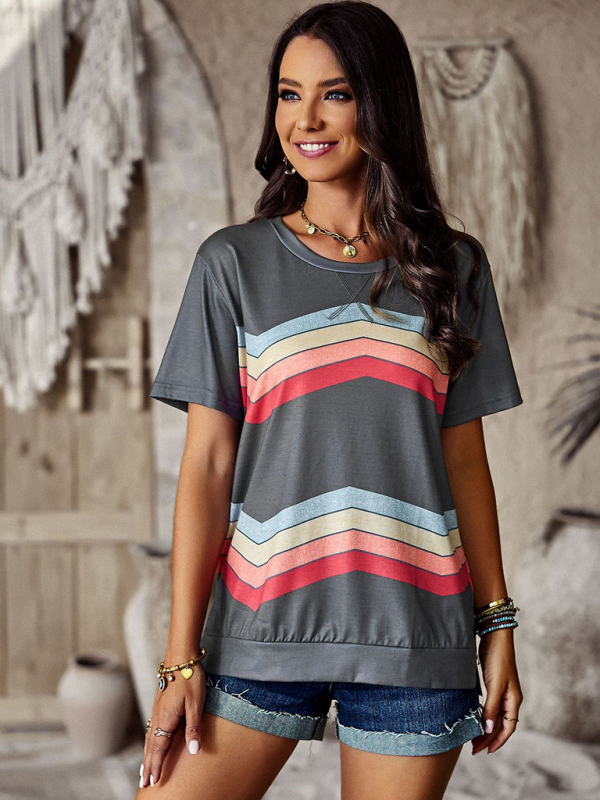 New round neck T-shirt rainbow strip top-chiquechics