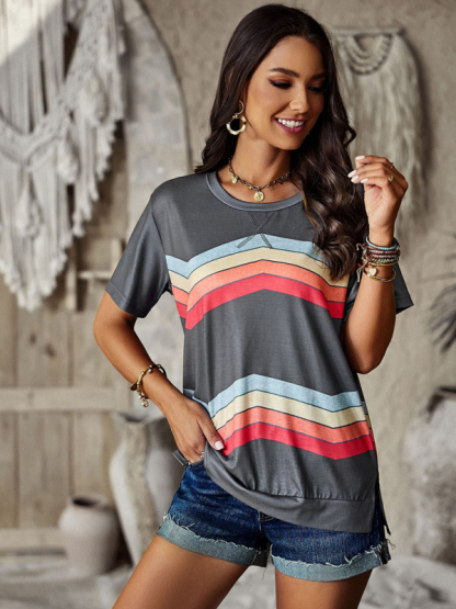 New round neck T-shirt rainbow strip top-chiquechics