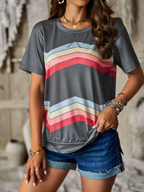 New round neck T-shirt rainbow strip top-chiquechics