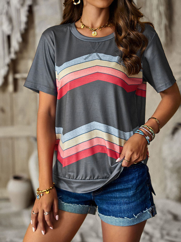 New round neck T-shirt rainbow strip top-chiquechics