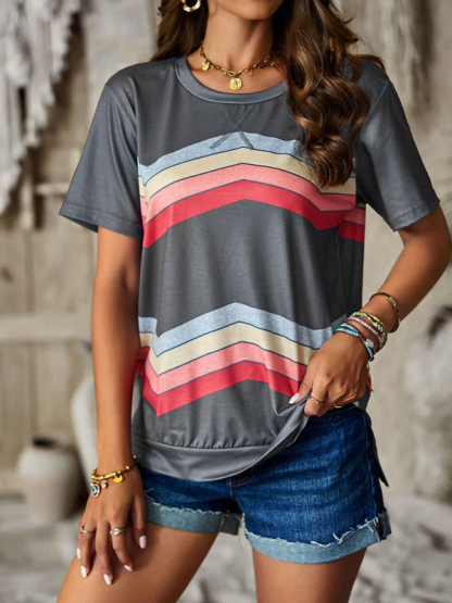 New round neck T-shirt rainbow strip top-chiquechics