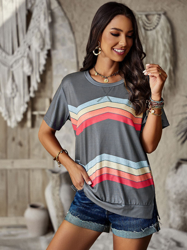 New round neck T-shirt rainbow strip top-chiquechics
