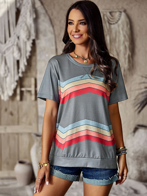 New round neck T-shirt rainbow strip top-chiquechics