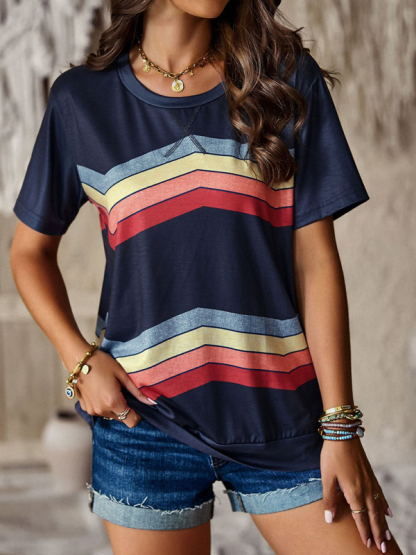 New round neck T-shirt rainbow strip top-chiquechics