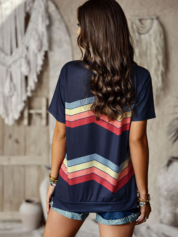 New round neck T-shirt rainbow strip top-chiquechics