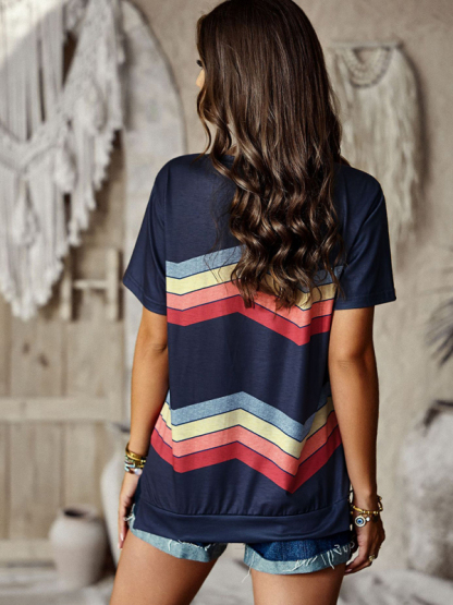 New round neck T-shirt rainbow strip top-chiquechics