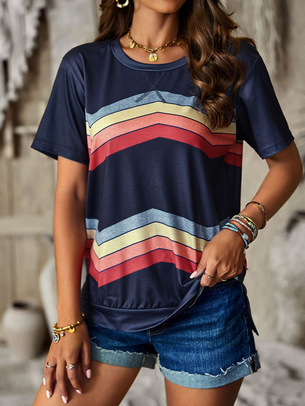 New round neck T-shirt rainbow strip top-chiquechics
