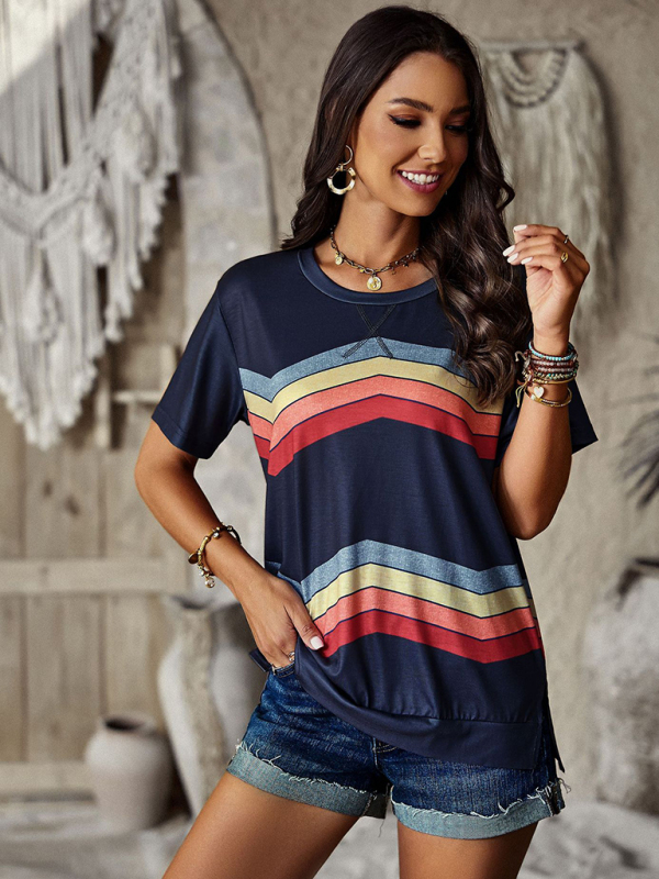 New round neck T-shirt rainbow strip top-chiquechics