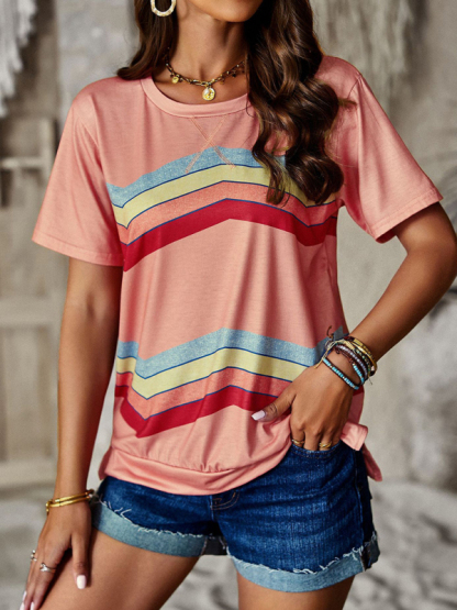 New round neck T-shirt rainbow strip top-chiquechics