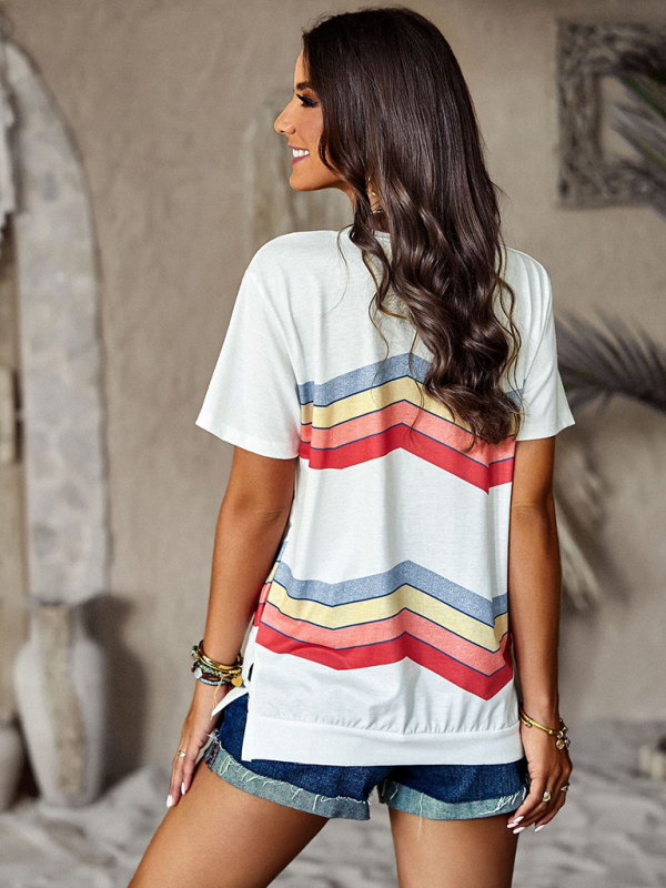 New round neck T-shirt rainbow strip top-chiquechics