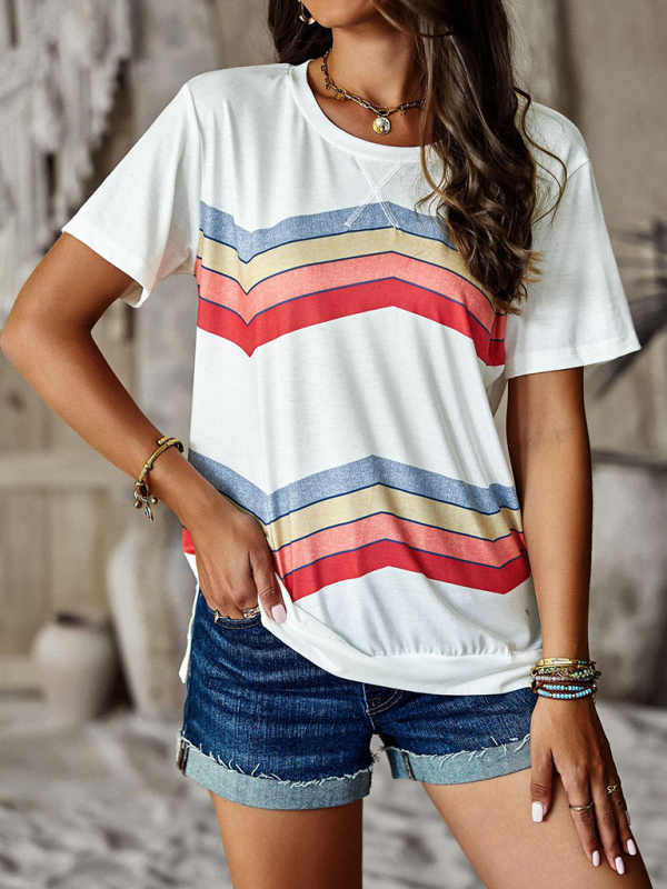 New round neck T-shirt rainbow strip top-chiquechics