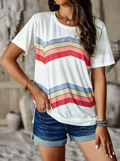 New round neck T-shirt rainbow strip top-chiquechics