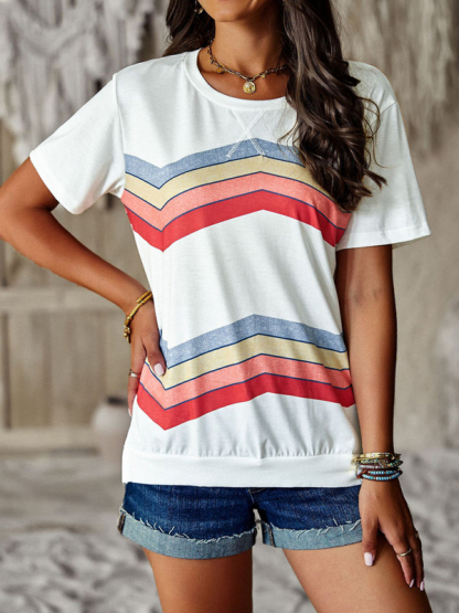 New round neck T-shirt rainbow strip top-chiquechics