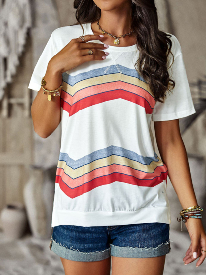 New round neck T-shirt rainbow strip top-chiquechics