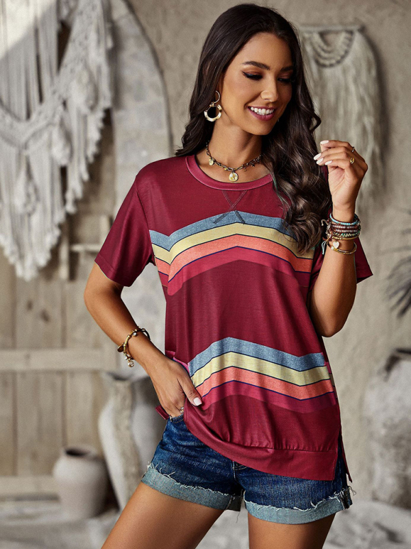 New round neck T-shirt rainbow strip top-chiquechics