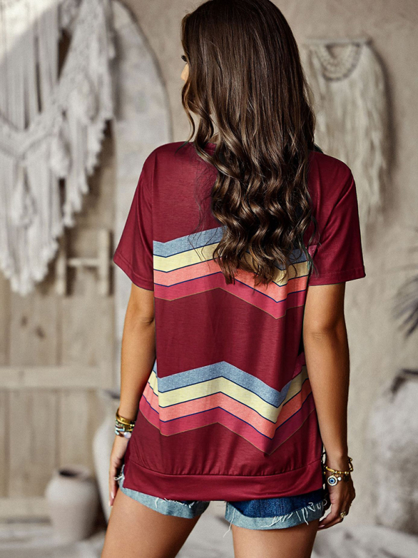 New round neck T-shirt rainbow strip top-chiquechics