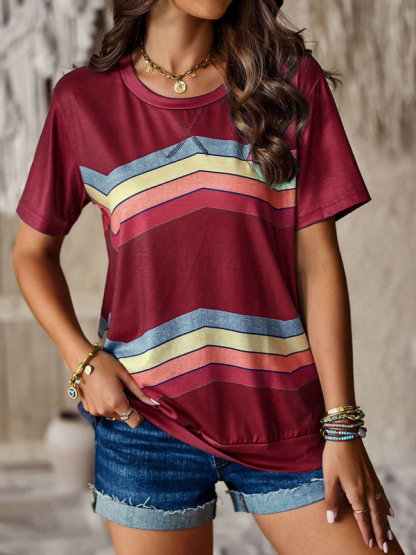 New round neck T-shirt rainbow strip top-chiquechics