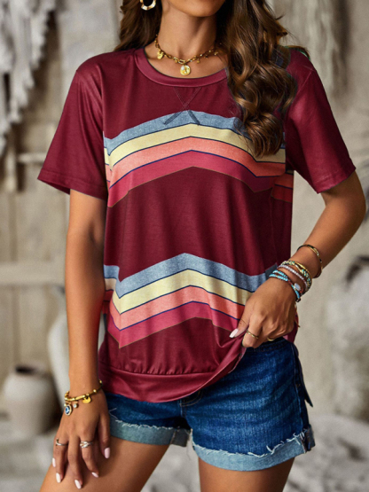 New round neck T-shirt rainbow strip top-chiquechics