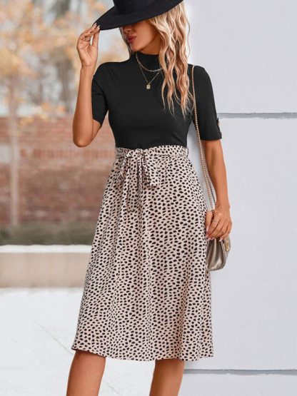New Ladies Half High Neck Leopard Print Dress-chiquechics