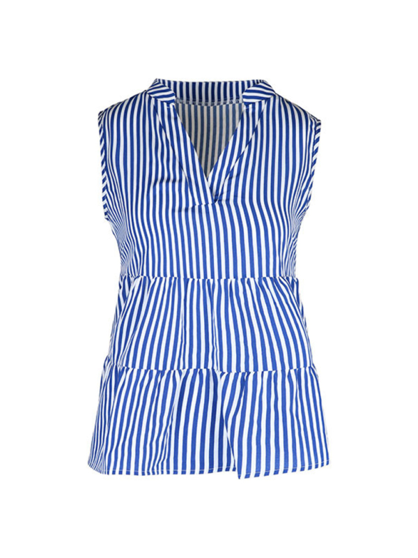 Summer new fashion tops sleeveless v-neck striped shirt-chiquechics