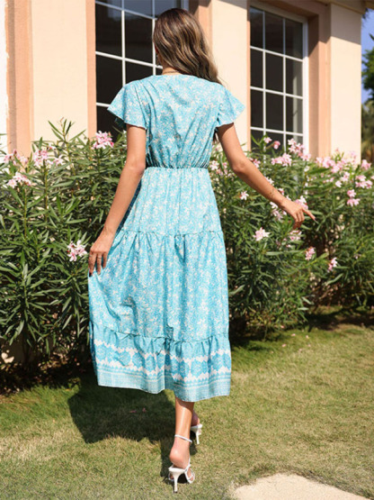 New Fashion Ladies Casual Vacation Slim Mid Length Floral Dress-chiquechics