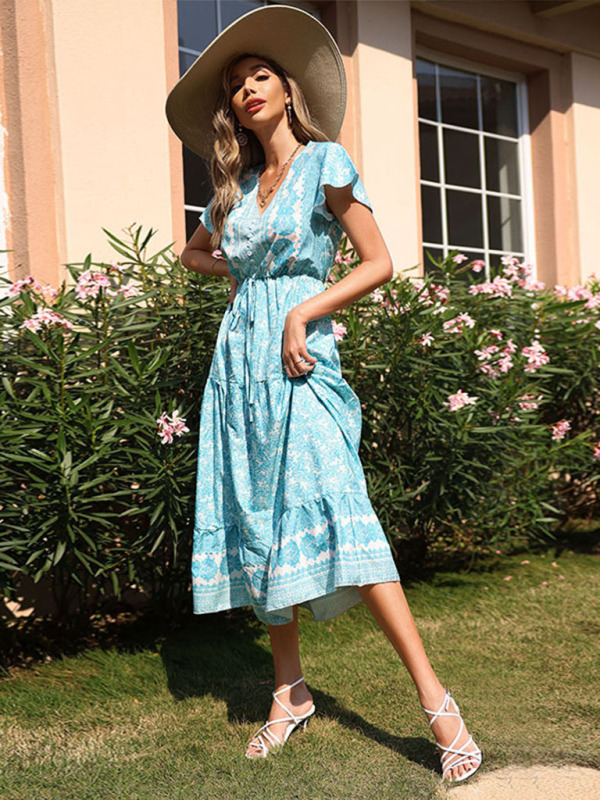 New Fashion Ladies Casual Vacation Slim Mid Length Floral Dress-chiquechics