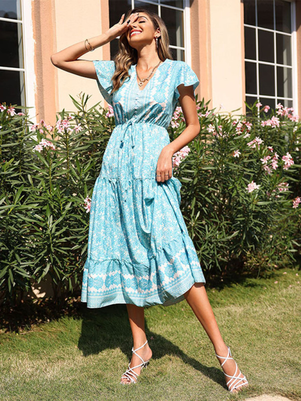 New Fashion Ladies Casual Vacation Slim Mid Length Floral Dress-chiquechics