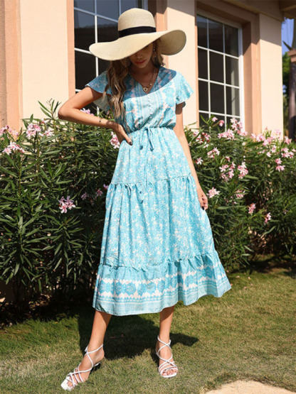 New Fashion Ladies Casual Vacation Slim Mid Length Floral Dress-chiquechics