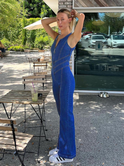 New style slim and slim fashion street style open back retro style high waist denim jumpsuit-chiquechics