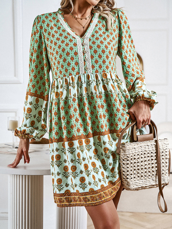 Holiday Loose Positioning Print Casual Bohemian Midi Dress-chiquechics