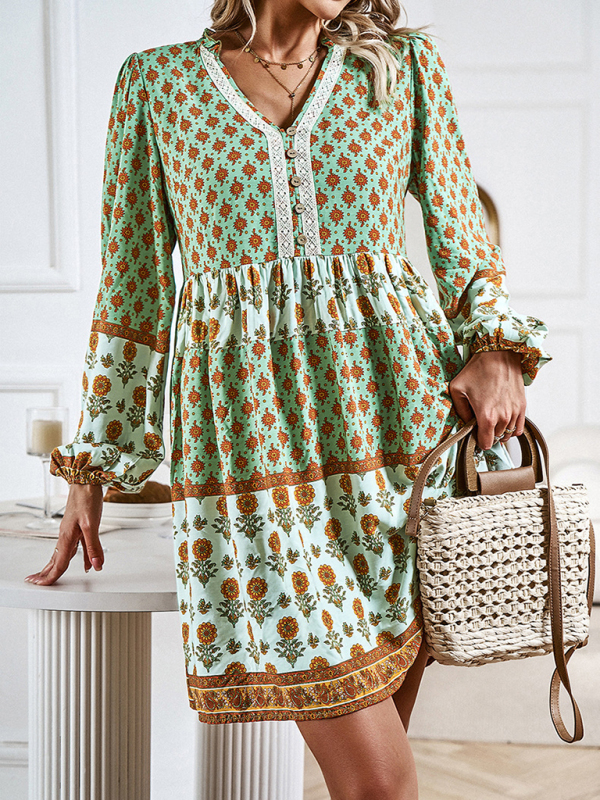 Holiday Loose Positioning Print Casual Bohemian Midi Dress-chiquechics
