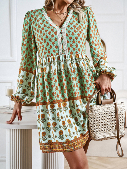 Holiday Loose Positioning Print Casual Bohemian Midi Dress-chiquechics