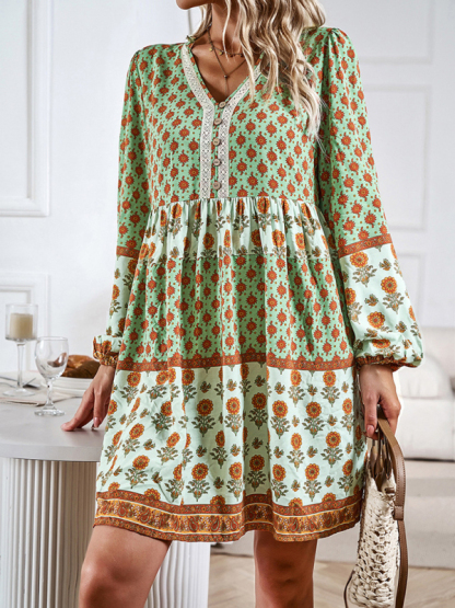 Holiday Loose Positioning Print Casual Bohemian Midi Dress-chiquechics