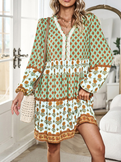 Holiday Loose Positioning Print Casual Bohemian Midi Dress-chiquechics
