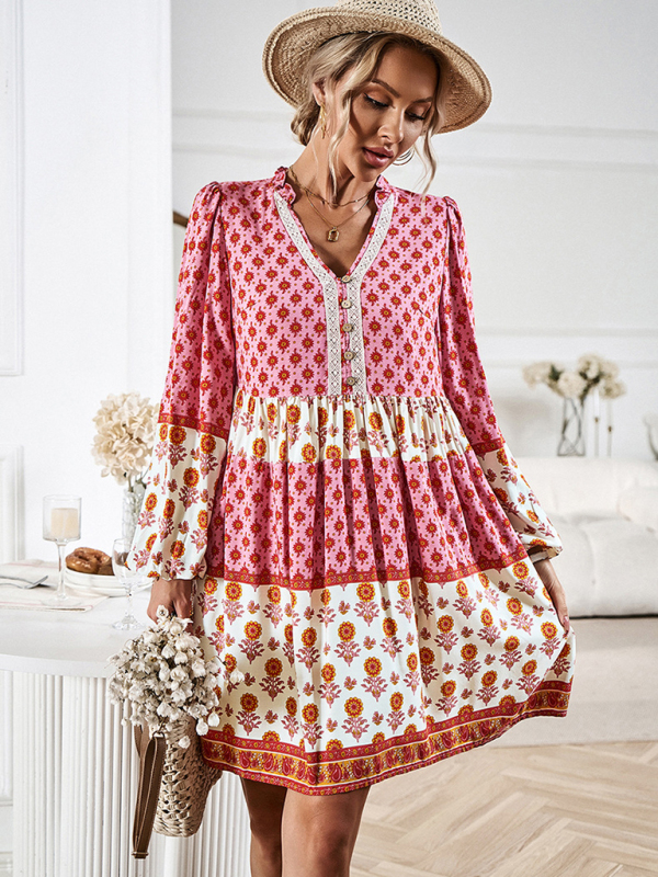 Holiday Loose Positioning Print Casual Bohemian Midi Dress-chiquechics