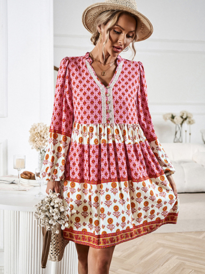 Holiday Loose Positioning Print Casual Bohemian Midi Dress-chiquechics