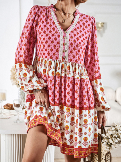 Holiday Loose Positioning Print Casual Bohemian Midi Dress-chiquechics