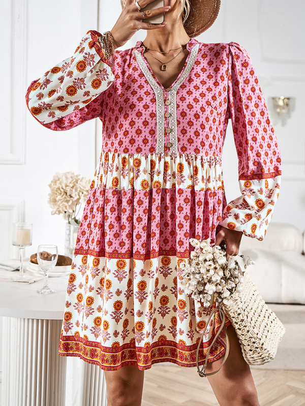 Holiday Loose Positioning Print Casual Bohemian Midi Dress-chiquechics