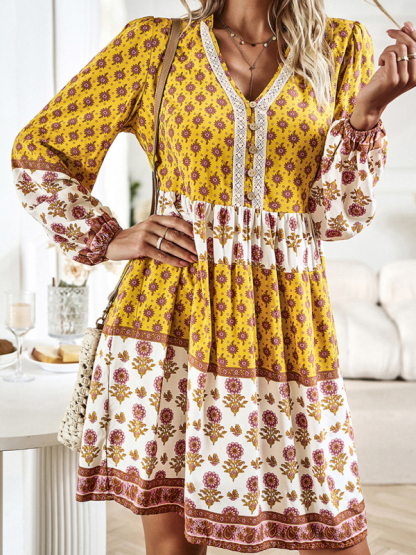 Holiday Loose Positioning Print Casual Bohemian Midi Dress-chiquechics