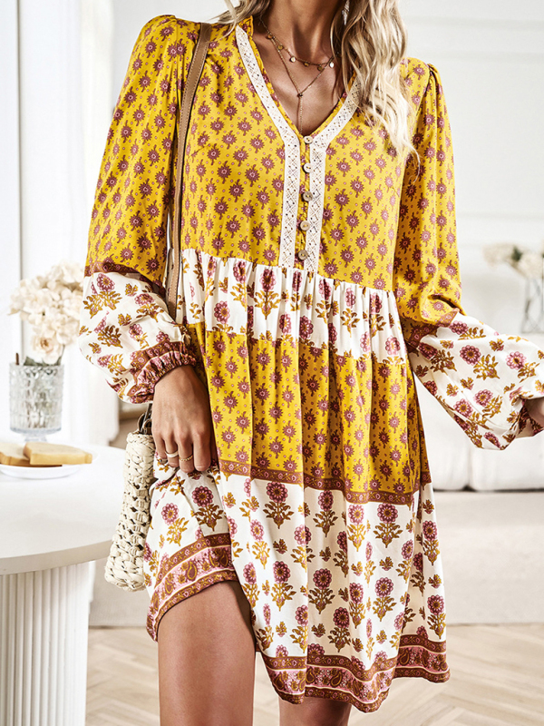 Holiday Loose Positioning Print Casual Bohemian Midi Dress-chiquechics