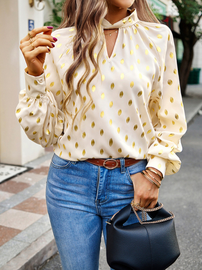 Gold Dot Print Temperament commuting polka dot blouse-chiquechics