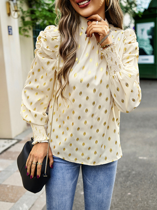 Gold Dot Print Temperament commuting round neck long-sleeved blouse-chiquechics
