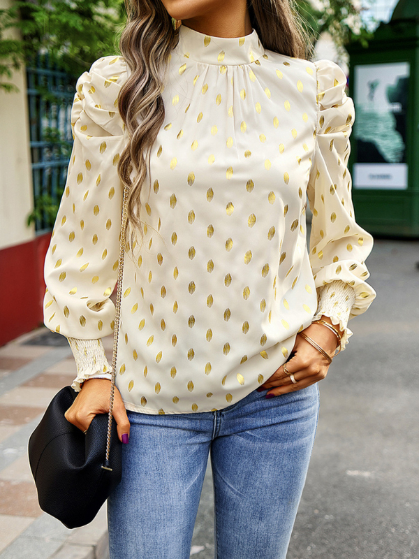 Gold Dot Print Temperament commuting round neck long-sleeved blouse-chiquechics