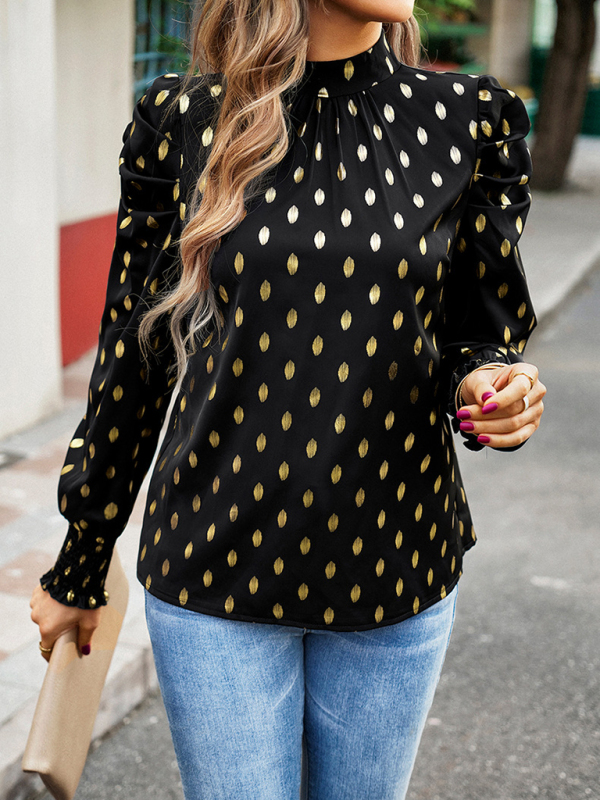 Gold Dot Print Temperament commuting round neck long-sleeved blouse-chiquechics