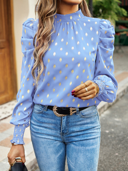 Gold Dot Print Temperament commuting round neck long-sleeved blouse-chiquechics