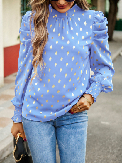Gold Dot Print Temperament commuting round neck long-sleeved blouse-chiquechics