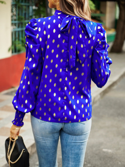 Gold Dot Print Temperament commuting round neck long-sleeved blouse-chiquechics