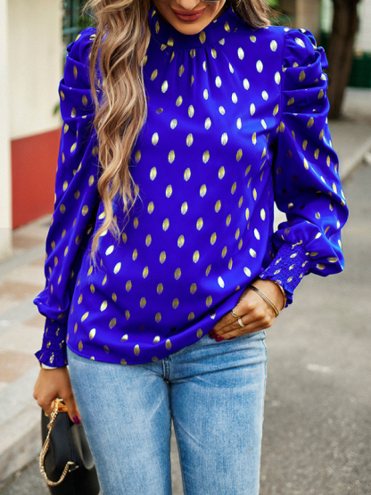 Gold Dot Print Temperament commuting round neck long-sleeved blouse-chiquechics
